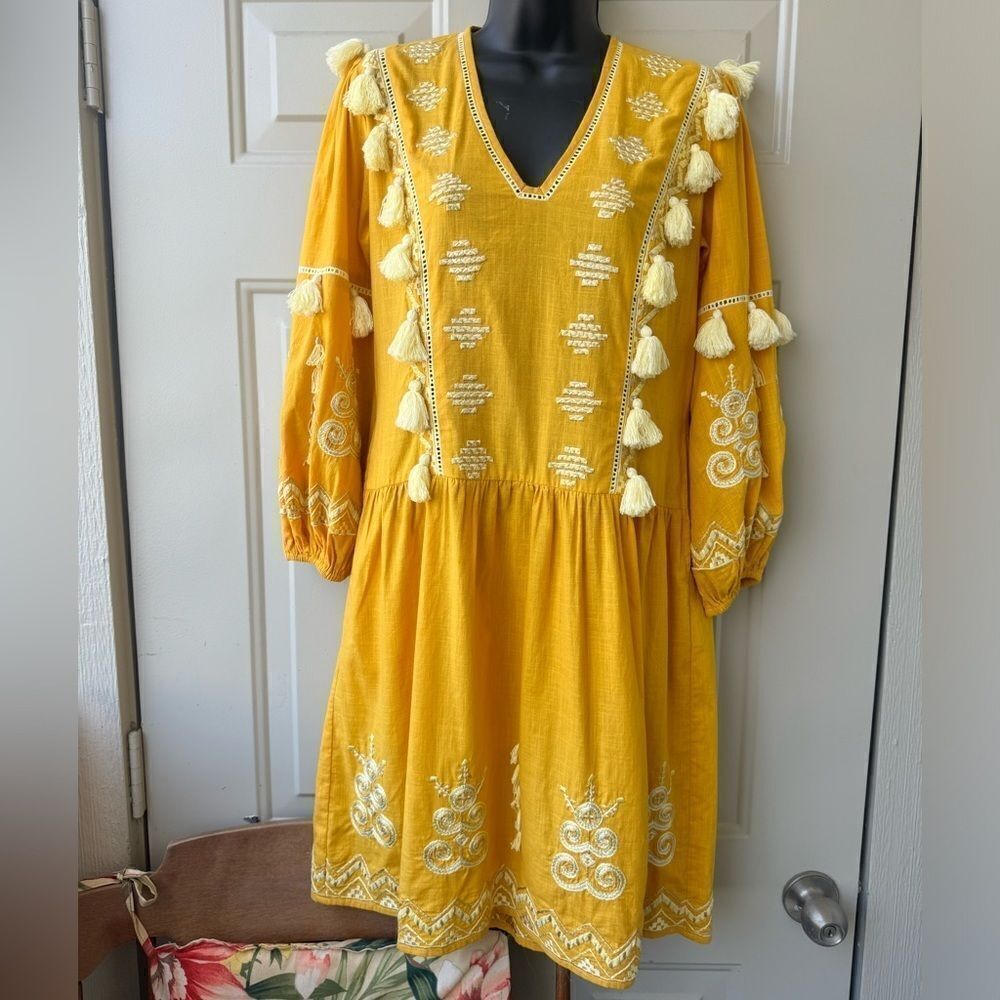 Ranna Gill (Anthropologie) Yellow/White Embroidery & Tassel Mini Dress Size XS